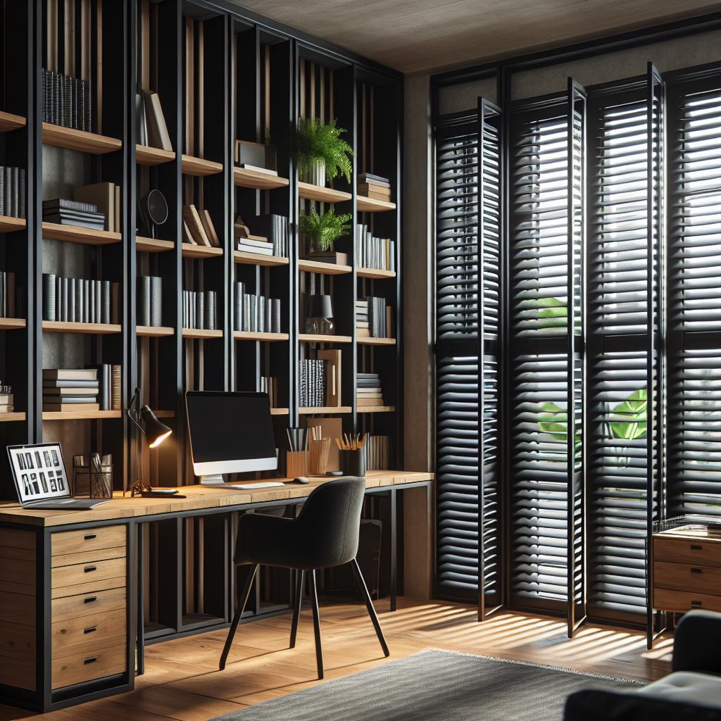 Moderne home office met zwarte louvre luiken aan het raam, houten bureau en boekenkasten in industriële stijl
