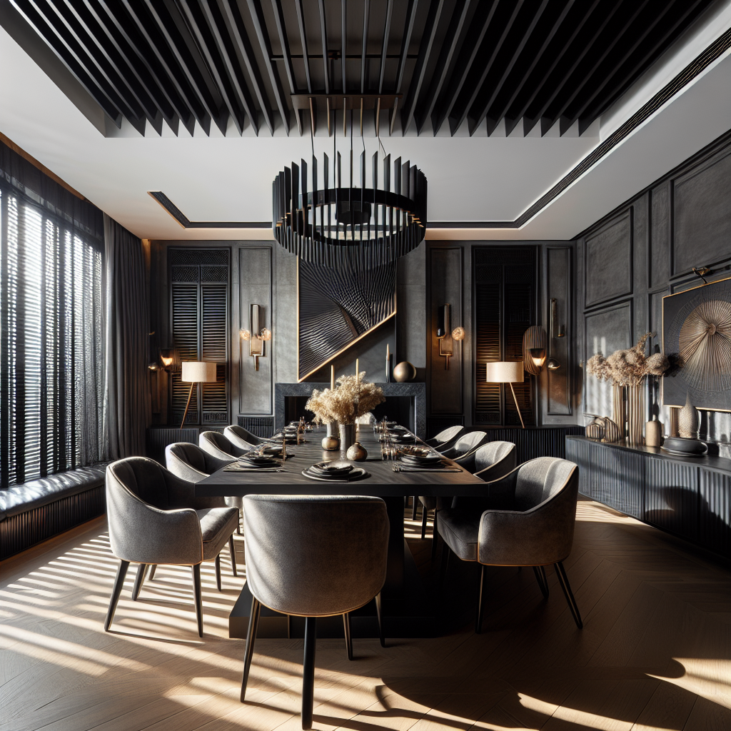 Stijlvolle eetkamer met donkere houten louvre luiken die dramatische schaduwstrepen op de wand werpen