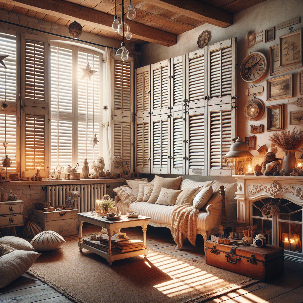 Witte louvre luiken in landelijke woonkamer met shabby chic inrichting en warme sfeerverlichting
