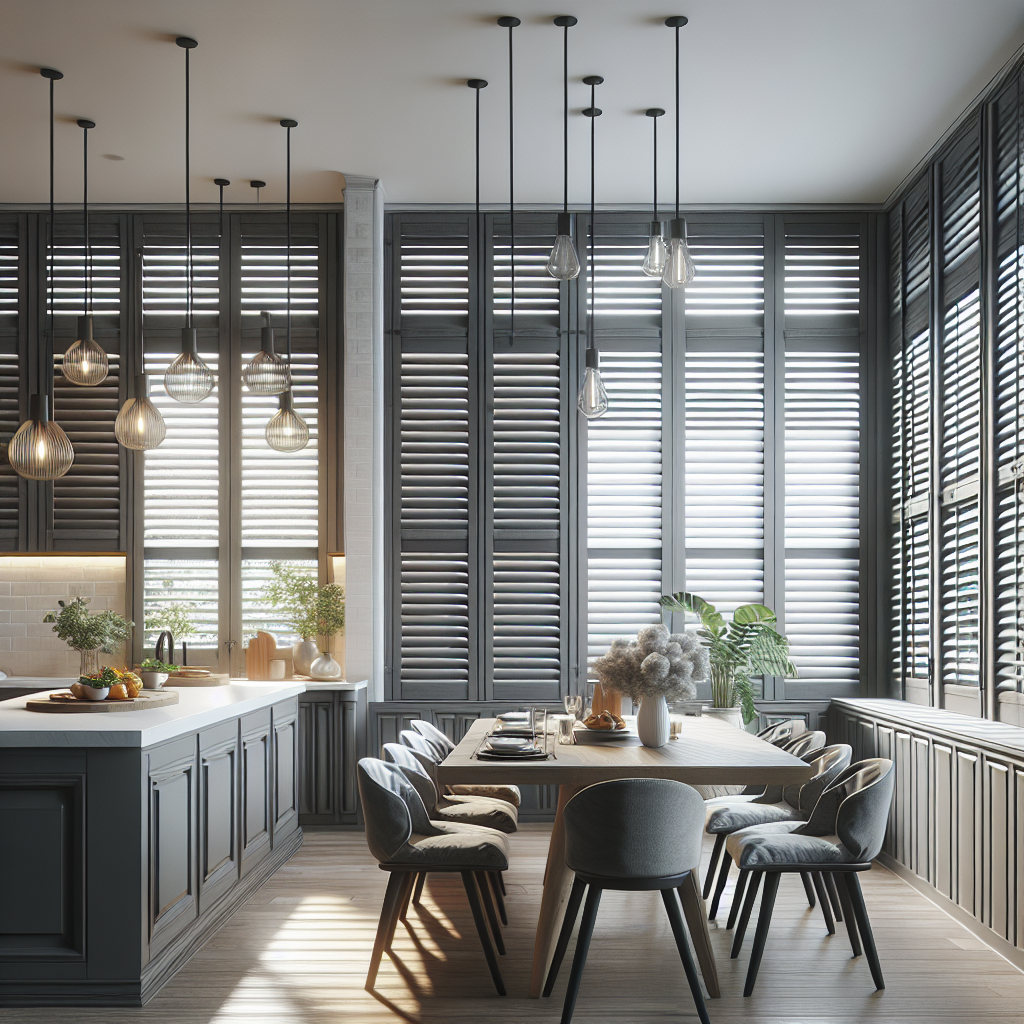 Moderne keuken met grijze louvre luiken, kookeiland en hangende lampen met mooie lichtval door de lamellen