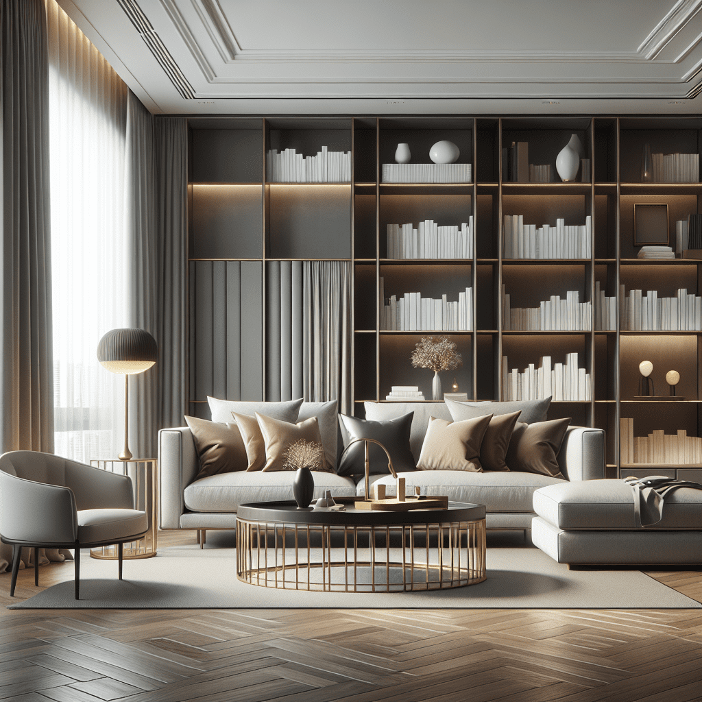 Moderne woonkamer met elegante bank, salontafel en boekenkast klaar voor verkoop met professionele styling