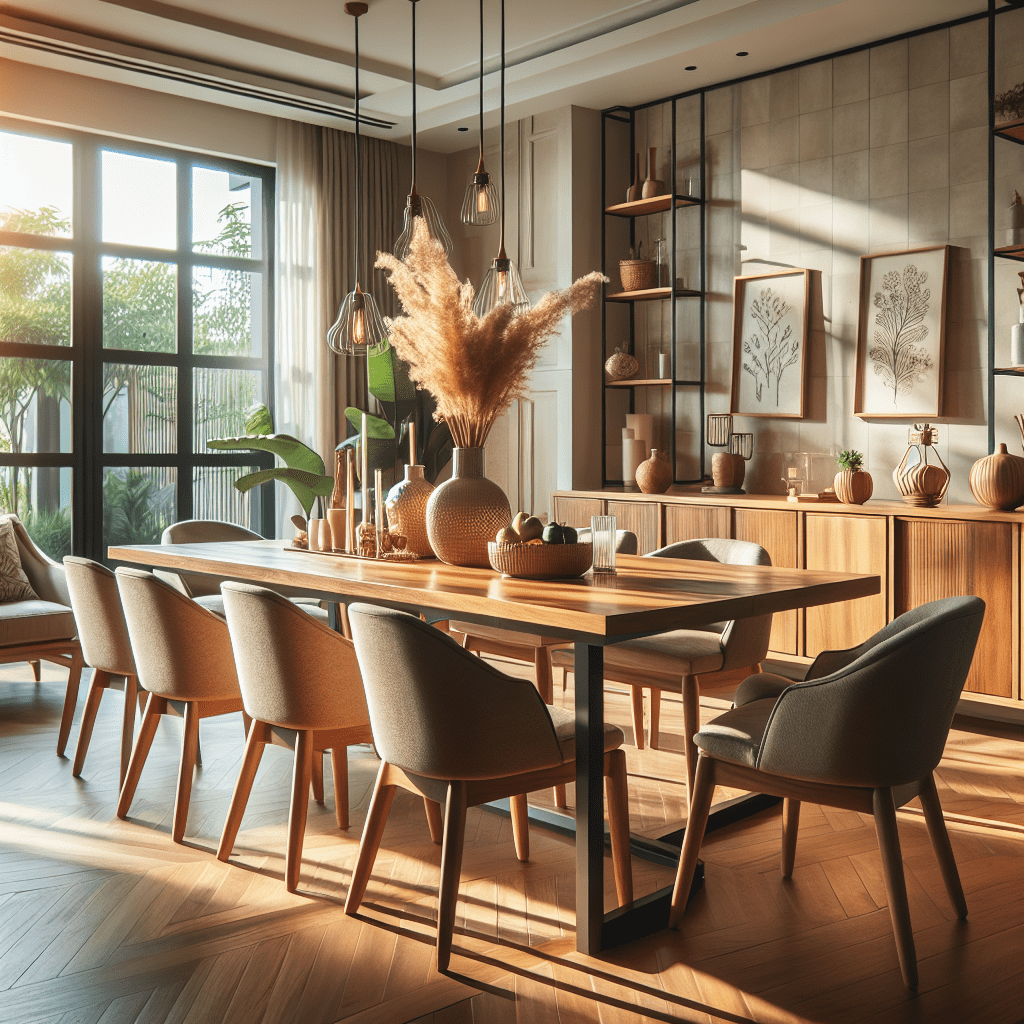 Stijlvolle eetkamer met houten tafel en stoelen, natuurlijk licht door grote ramen, decoratief gepresenteerd