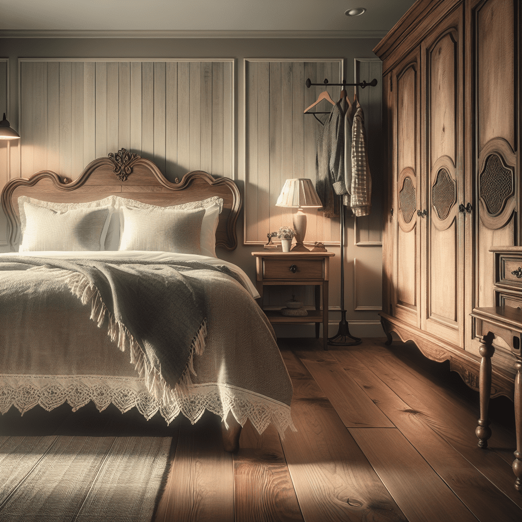 Gezellige slaapkamer met vintage houten bed, nachtkastjes en kledingkast in landelijke stijl met zachte verlichting