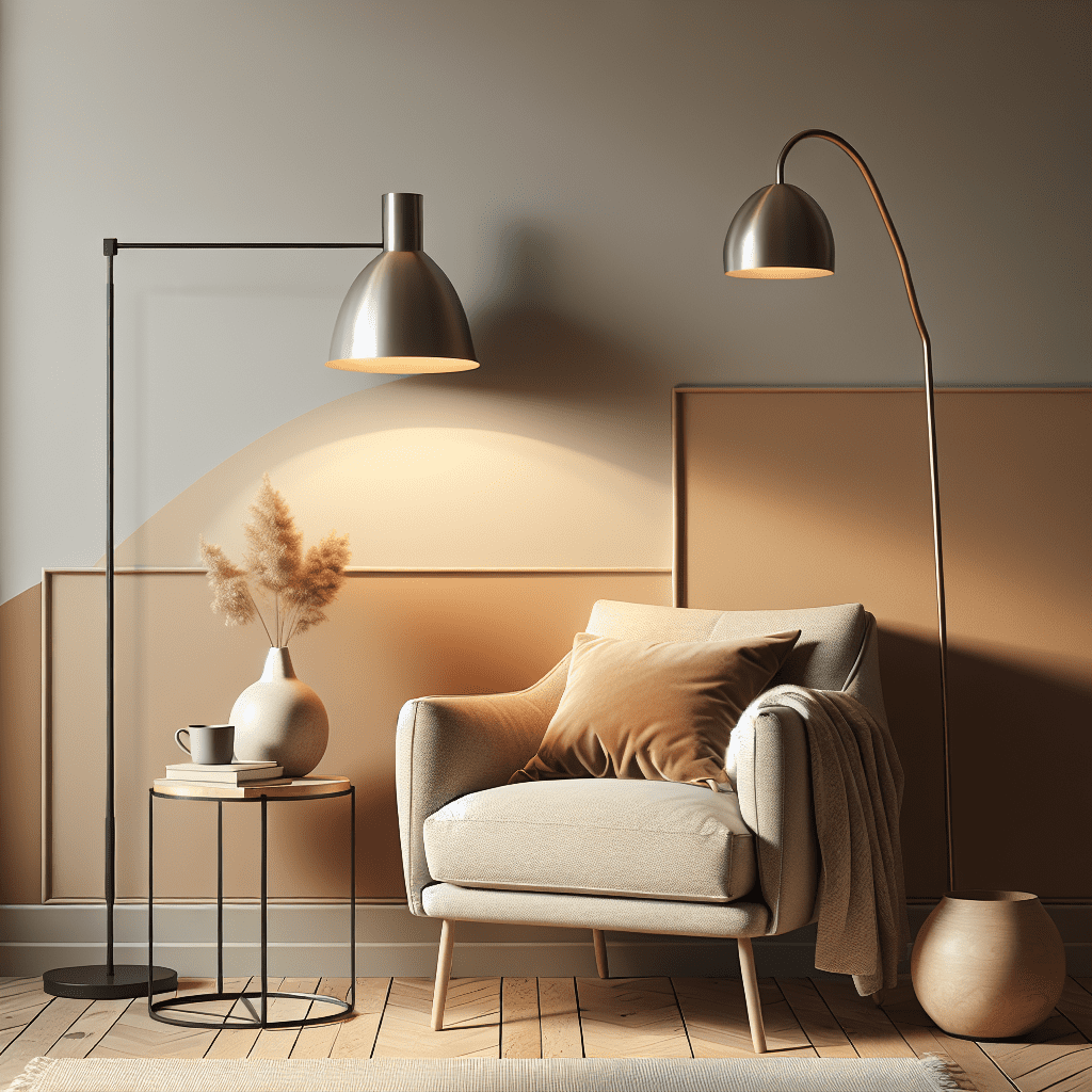 Scandinavische lounge-hoek met beige fauteuil, houten bijzettafel en moderne staande lamp in minimalistische woonkamer