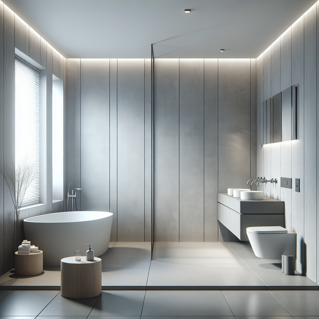 Moderne badkamer met lichtgrijze wandpanelen die beperkte designmogelijkheden toont in strakke, minimalistische setting