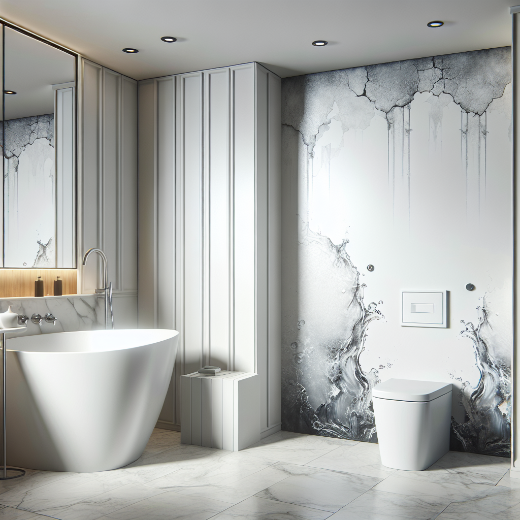 Witte wandpanelen in badkamer met zichtbare vochtschade, condensatie en waterlekken achter de panelen