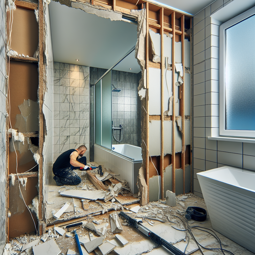 Werkman verwijdert beschadigde wandpanelen in badkamer, waarbij vochtschade en onderliggende problemen zichtbaar worden
