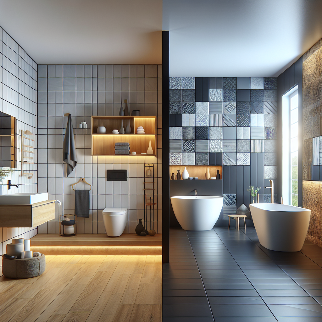 Moderne badkamer met eenvoudige wandpanelen naast luxe badkamer met gevarieerde tegels toont designcontrast
