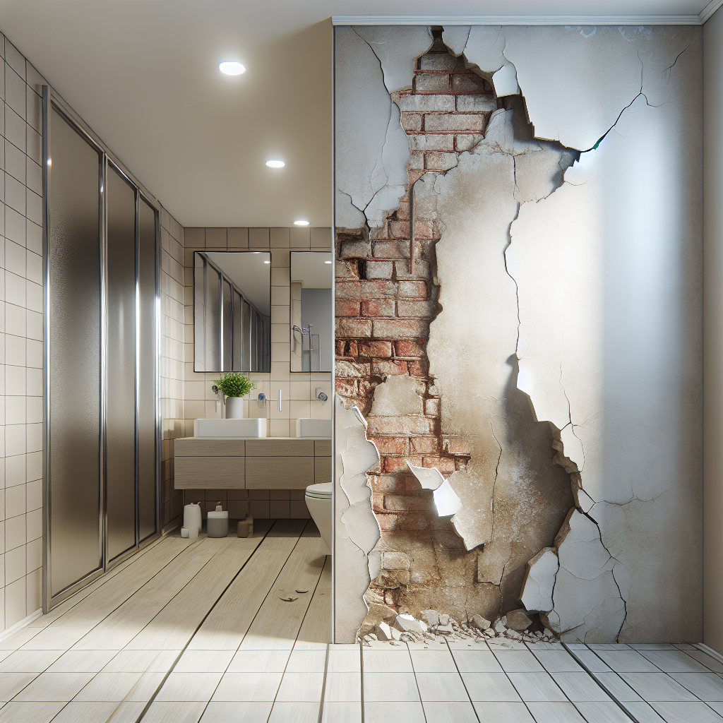 Beschadigd wandpaneel in badkamer met waterschade en slijtage die reparatie vereist