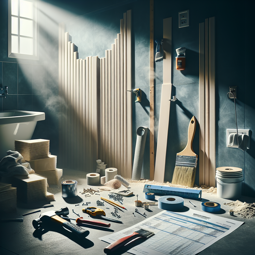 Badkamer in renovatie met gereedschap en bouwmaterialen, toont hoge kosten van wandpaneel vervanging