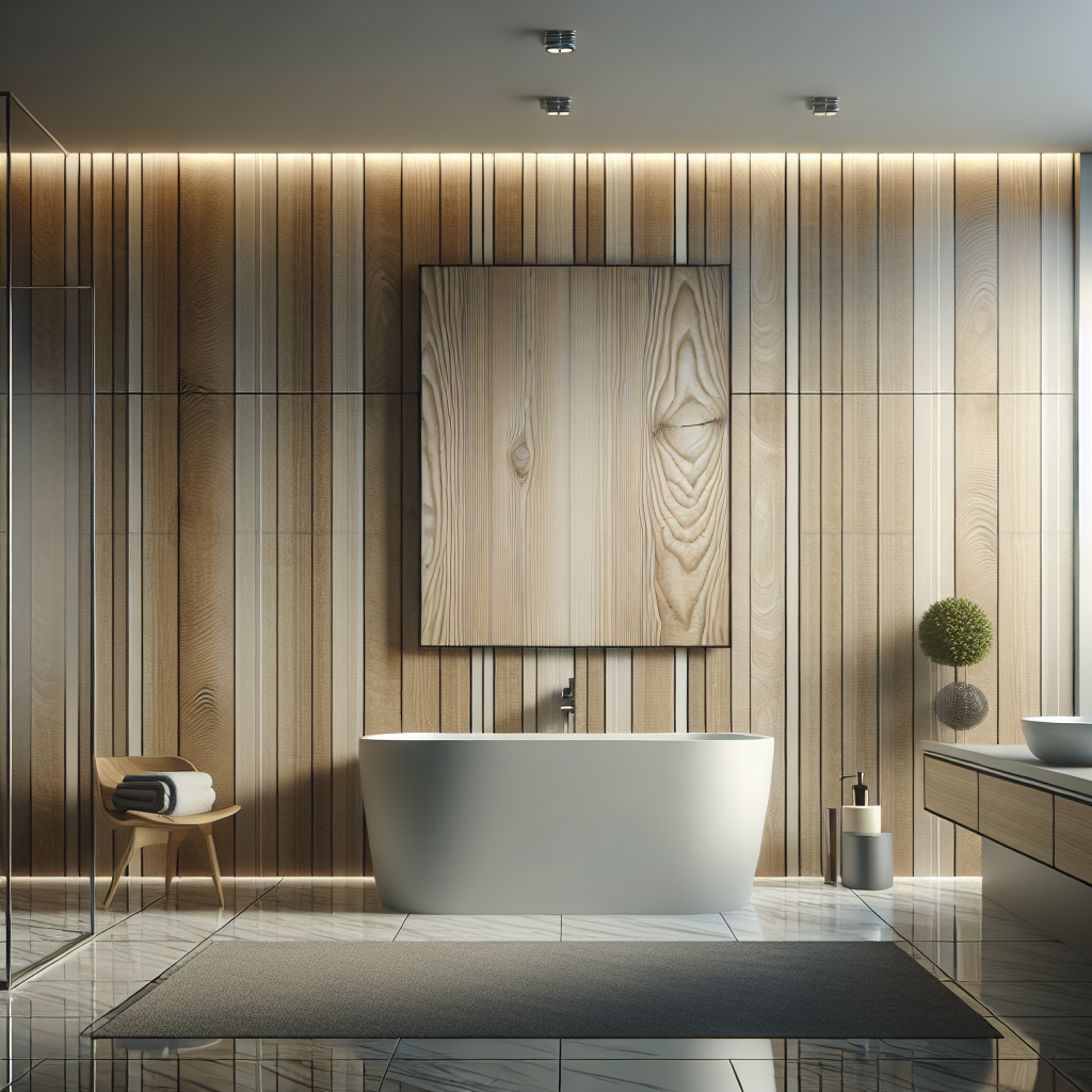 Goedkope kunstmatige houtnerf wandpanelen in een moderne badkamer die nep en weinig kwalitatief ogen