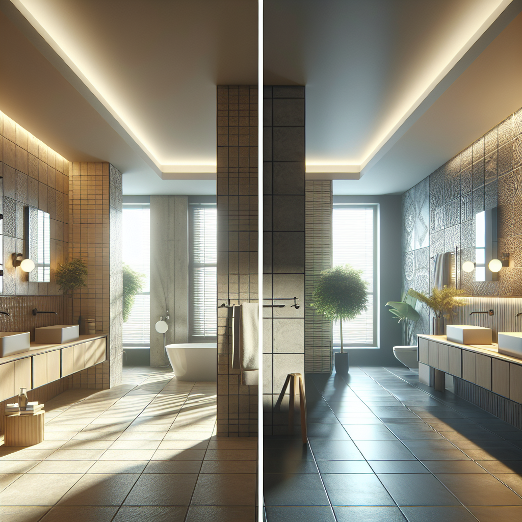 Vergelijking tussen beperkte wandpaneel opties en veelzijdige tegelkeuzes in twee moderne badkamers