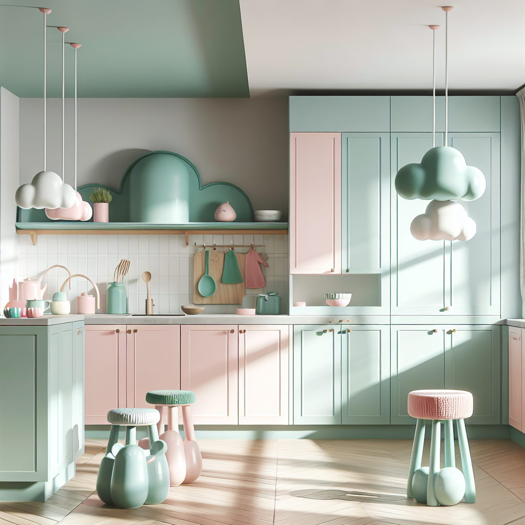 Kindvriendelijke keuken met roze en mintgroene kastjes, ronde krukjes en wolkenvormige hanglamp in helder daglicht