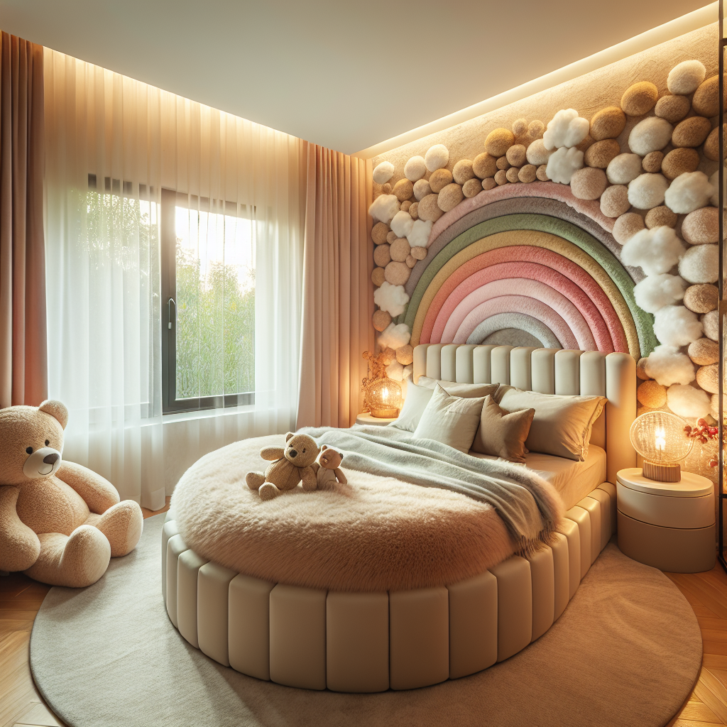 Gezellige slaapkamer met rond bed, zachte teddy texturen, regenboog wanddecoratie en warme verlichting in neotenic stijl