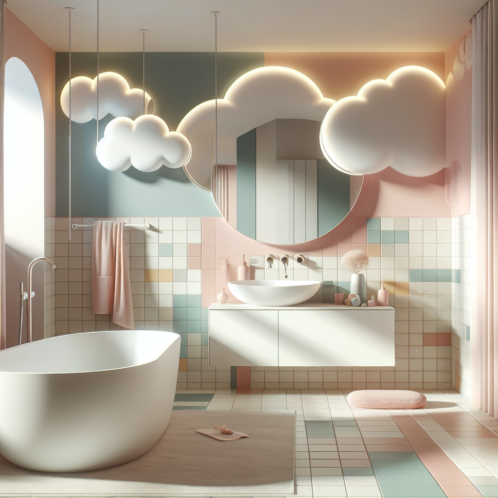 Moderne badkamer met vrijstaand ovaal bad, pastelkleurige tegels, wolkenvormige spiegels en zachte curvy vormen