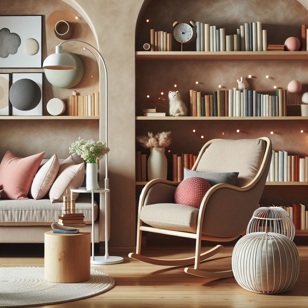 Knusse leeshoek met zachte schommelstoel, ronde boekenplanken, kleurrijke kussens en speelse lamp in warme woonkamer
