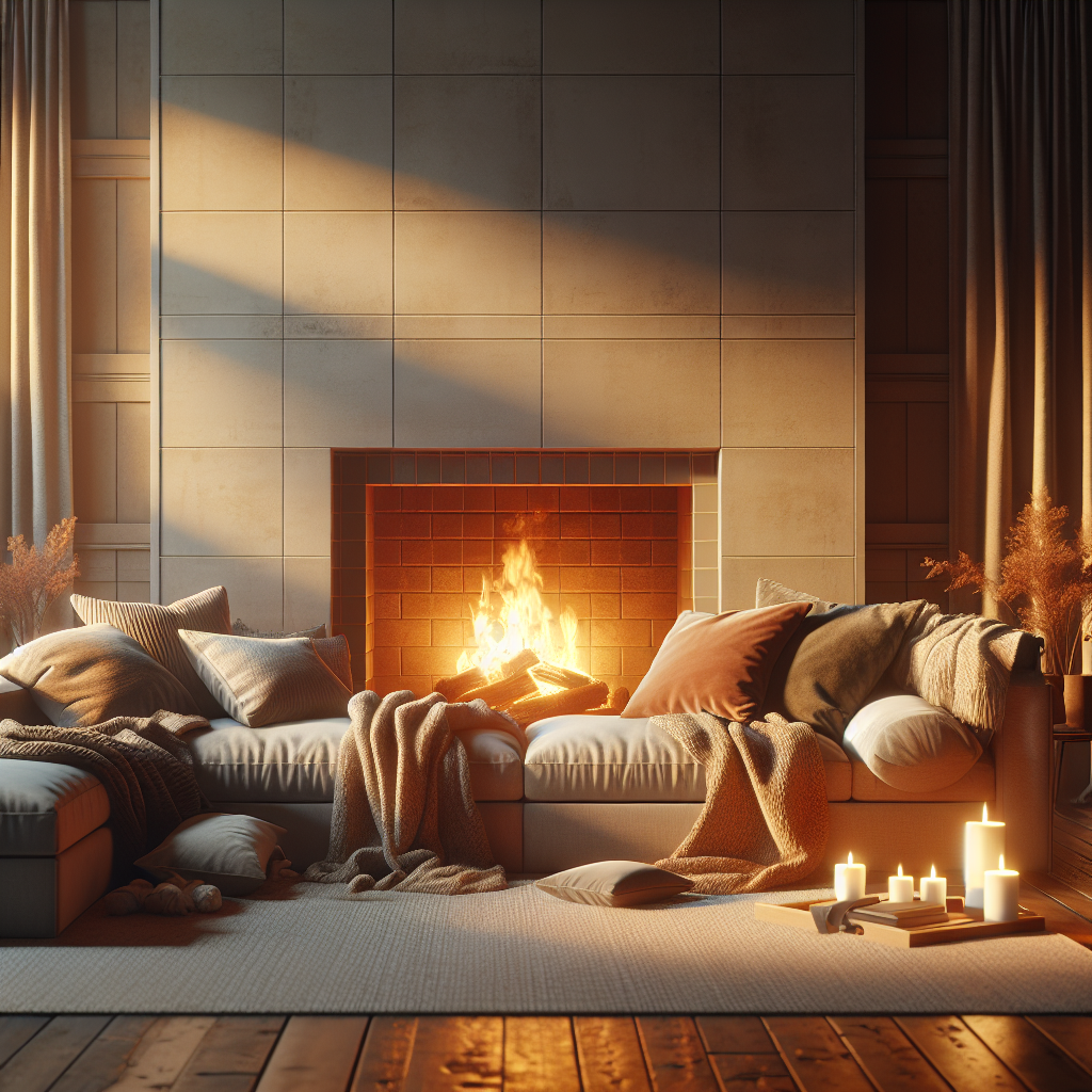 Gezellige woonkamer met grote bank, zachte kussens en brandende open haard in warm gouden avondlicht
