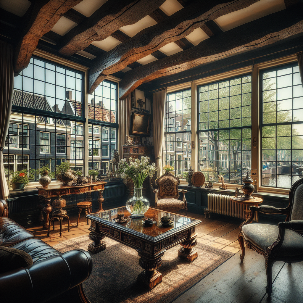 Gezellige Nederlandse woonkamer met houten balken, antieke meubels en ramen met uitzicht op straat