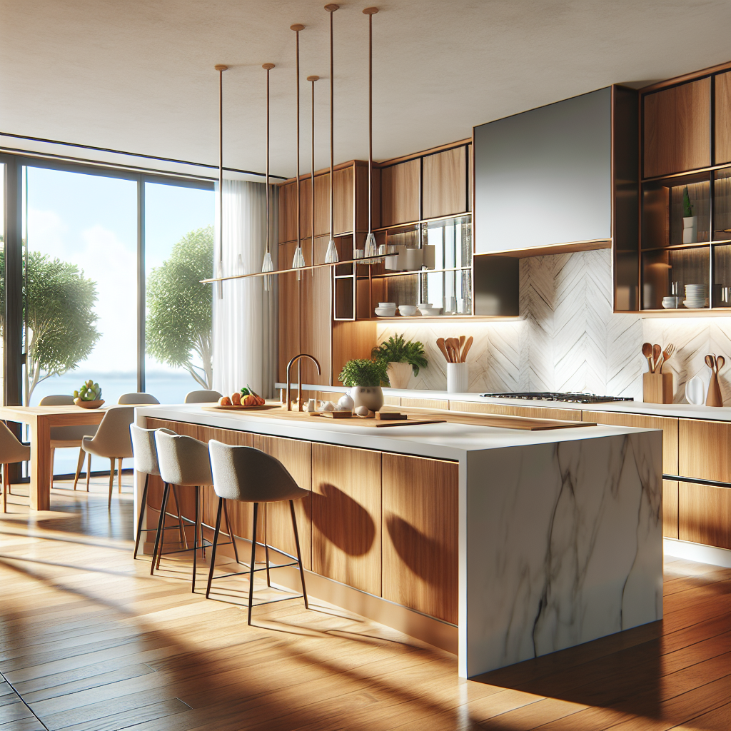 Moderne keuken met kookeiland, houten accenten en grote ramen met zonlicht - symbool van gezellig thuis