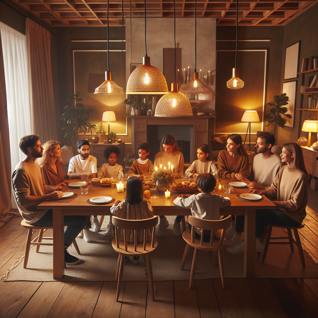 Gezellige eetkamer met familie rond houten tafel, warme hanglampen en sfeervolle inrichting in aardse tinten