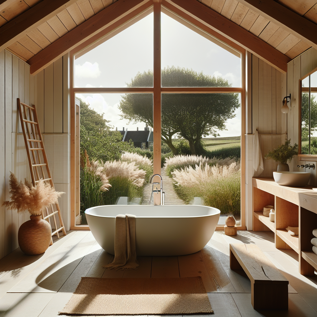 Serene Scandinavische badkamer met vrijstaand bad en grote ramen met uitzicht op Nederlandse tuin