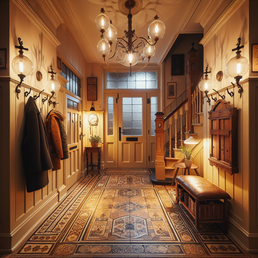 Warme Nederlandse entreehal met originele tegelvloer, vintage kapstok en sfeervolle verlichting die gastvrijheid uitstraalt