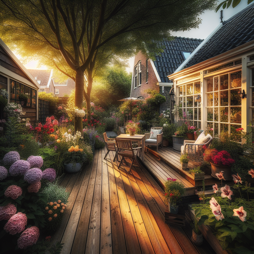 Gezellige Nederlandse achtertuin met houten terras, bloeiende planten en zithoek in warm avondlicht