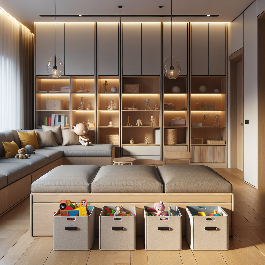 Moderne woonkamer met stijlvolle opbergbanken langs de muur vol kleurrijk kinderspeelgoed en gezellige beige-grijze zithoek