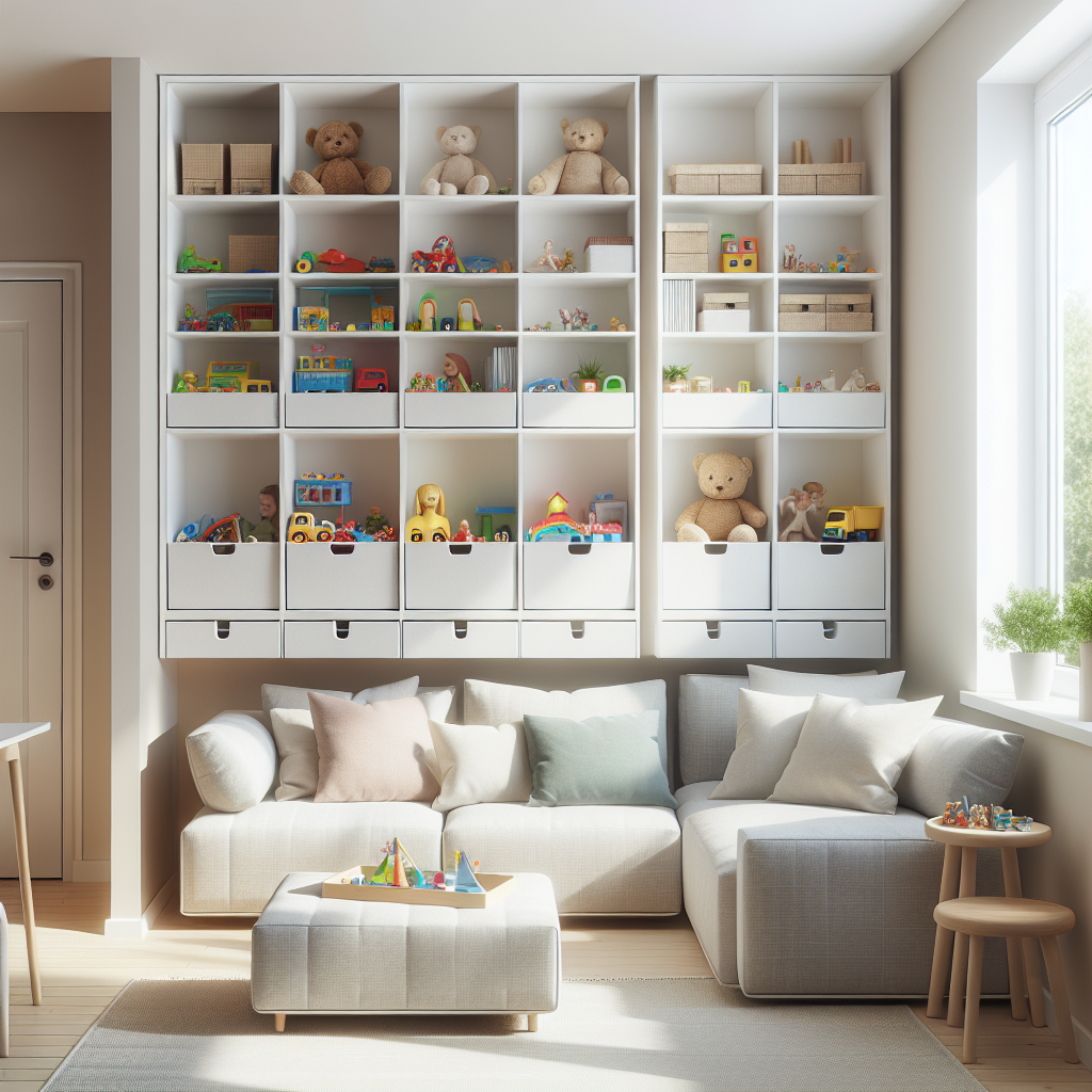 Moderne woonkamer met witte inbouwkasten voor speelgoedopslag, comfortabele bank en natuurlijk licht door ramen