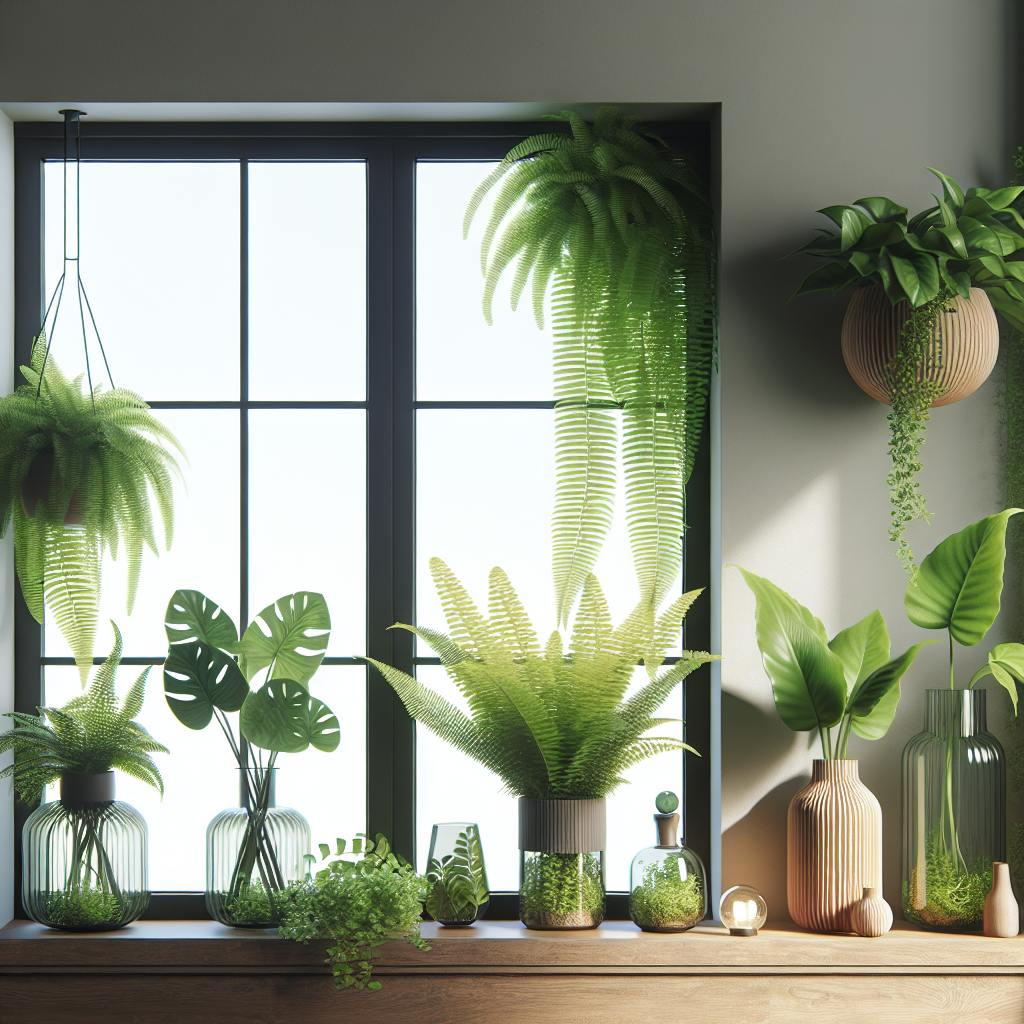 Moderne vensterbank met groene planten, varens, pothos, glazen vazen en houten accessoires voor privacy en sfeer