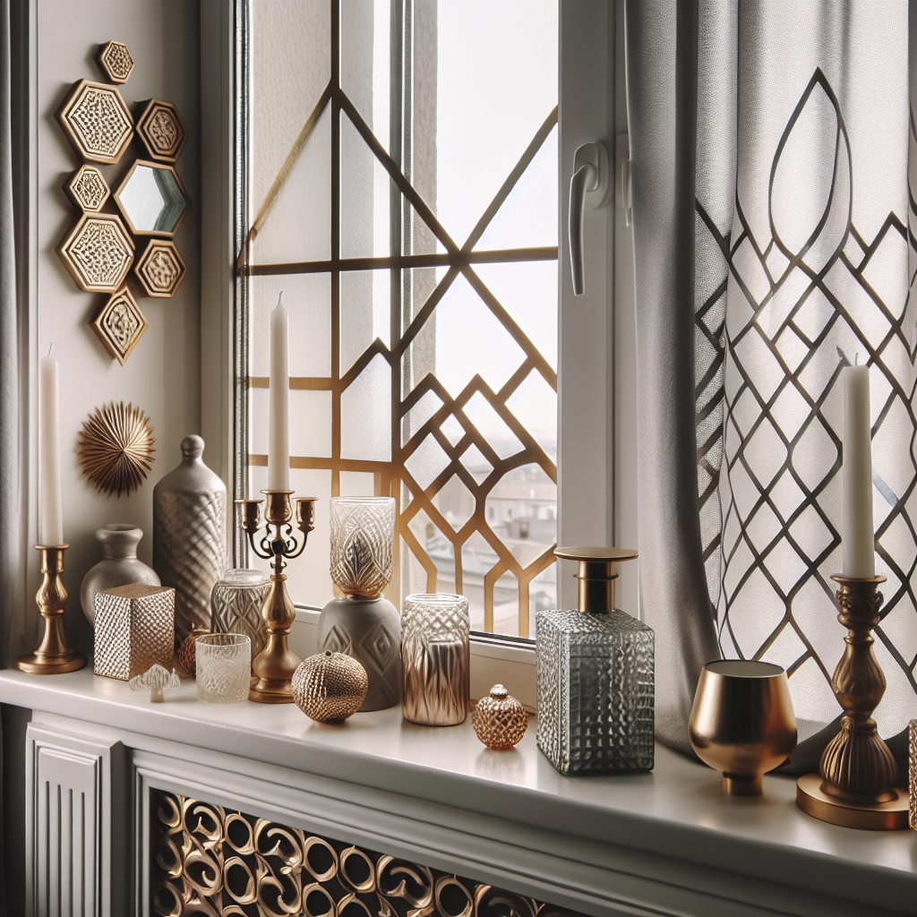 Vensterbank met frosted glasfolie in geometrische patronen, messing kaarsenhouders en decoratieve sculpturen voor privacy