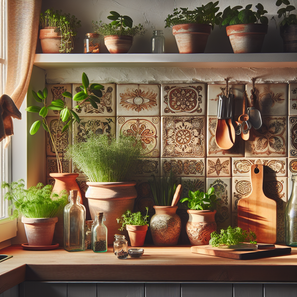 Gezellige keukenvensterbank met kruidenplanten in terracotta potten, vintage flessen en houten planken als privacybarrière