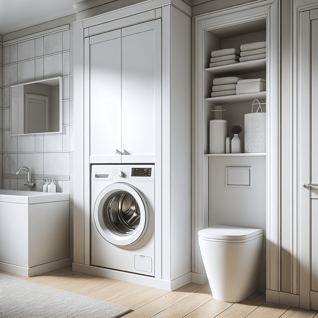 Moderne witte badkamer met wasmachine volledig weggewerkt in op maat gemaakte inbouwkast met gladde deuren