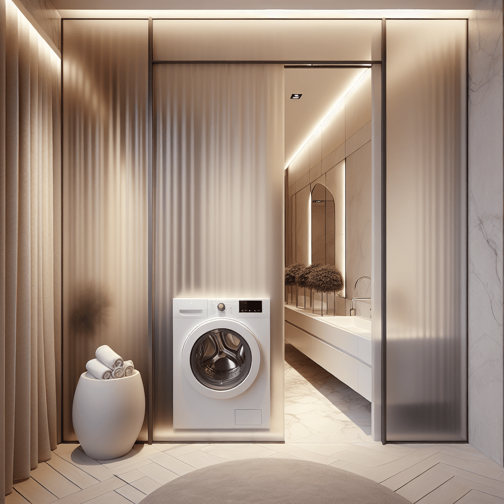 Moderne badkamer met wasmachine weggewerkt achter strakke matglazen schuifdeuren in minimalistische stijl