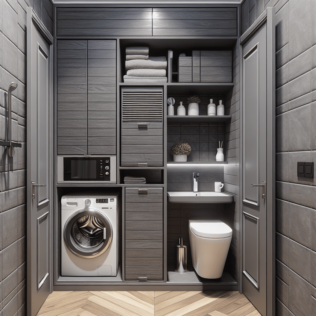 Compacte badkamer met wasmachine geïntegreerd in antracietgrijs multifunctioneel badkamermeubel