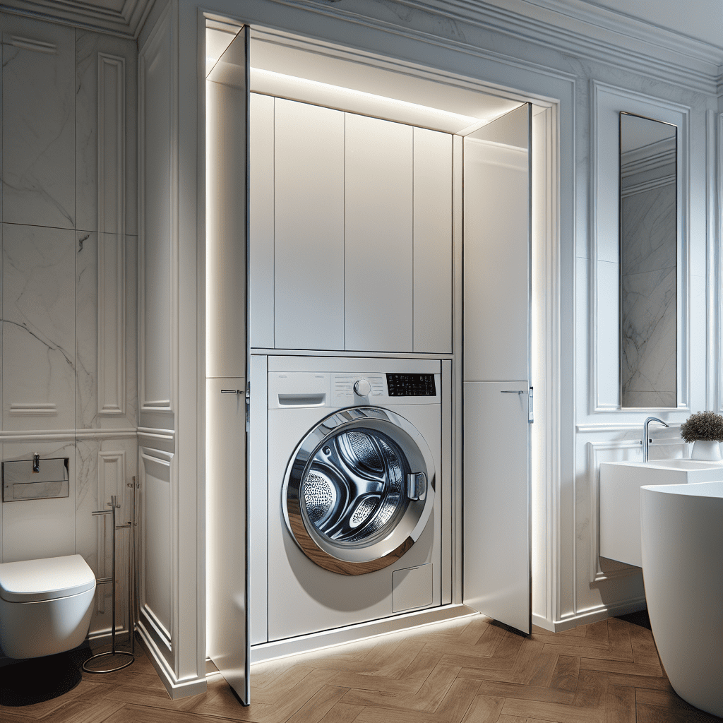 Moderne badkamer met weggewerkte wasmachine in witte hoogglans inbouwkast met push-to-open deuren