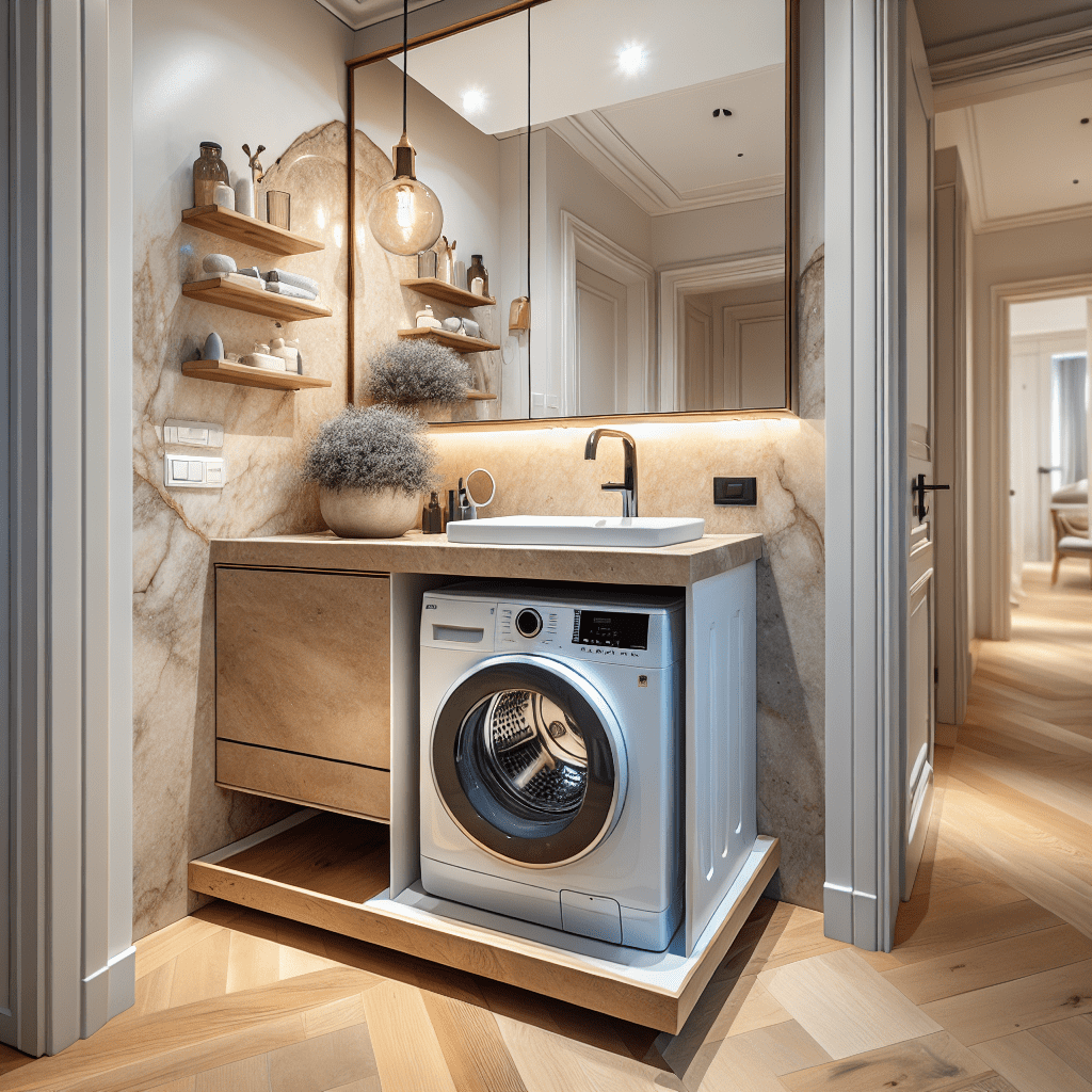 Wasmachine weggewerkt onder zwevend natuurstenen wastafelblad in moderne kleine badkamer met witte tegels