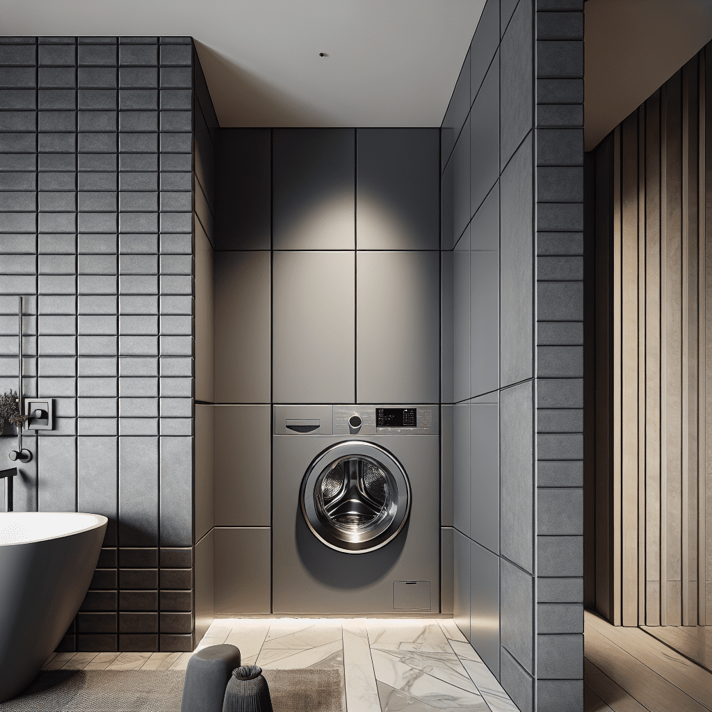 Moderne badkamer met wasmachine weggewerkt achter grijze wandpanelen die naadloos aansluiten op de muur