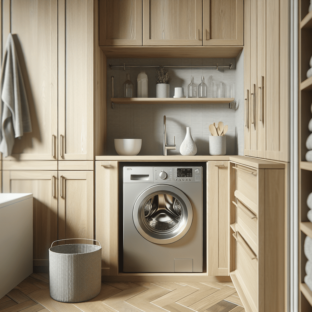 Wasmachine geïntegreerd in lichte houten badkamerkasten met moderne handgrepen in Scandinavische stijl