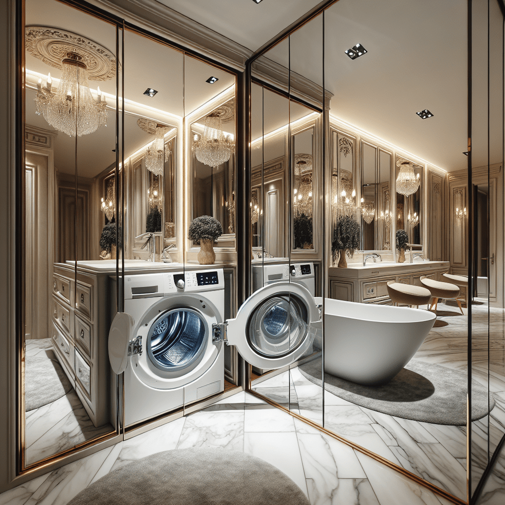 Elegante badkamer met wasmachine verborgen achter spiegel-schuifdeuren en luxe verlichting