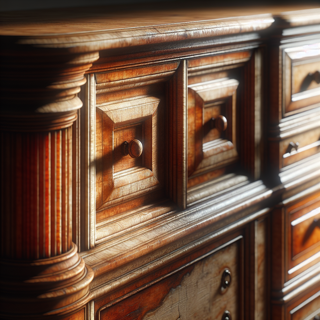 Antieke houten commode met natuurlijke patina en zichtbare slijtageplekken in warme houtverkleuringen