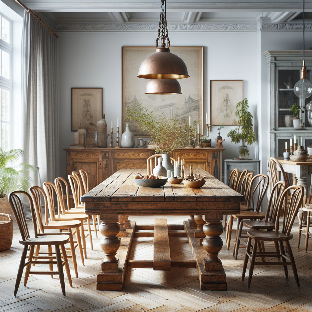 Oude houten eettafel met patina en gebruikssporen, omringd door verschillende stoelen in lichte eetkamer