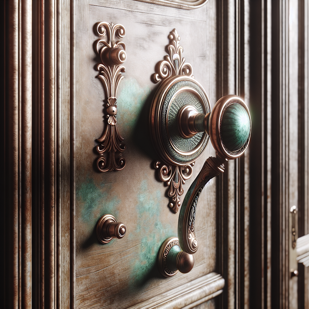 Antieke koperen deurklinken met groene patina op verweerde houten deur in klassiek interieur