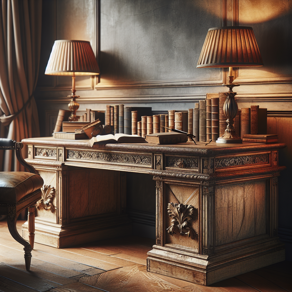 Elegant houten bureau met natuurlijke patina in warme studeerkamer met vintage boeken en tafellamp