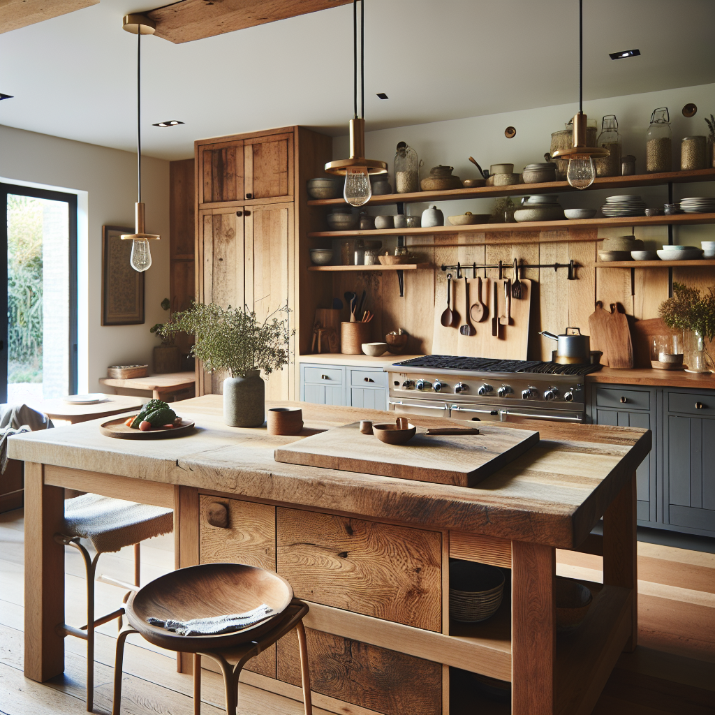 Houten kookeiland in moderne keuken met zichtbare patina en natuurlijke gebruikssporen