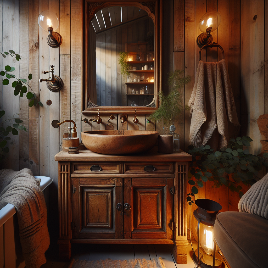 Antieke houten wastafelkast met patina in moderne badkamer met zachte verlichting en eigentijdse kranen