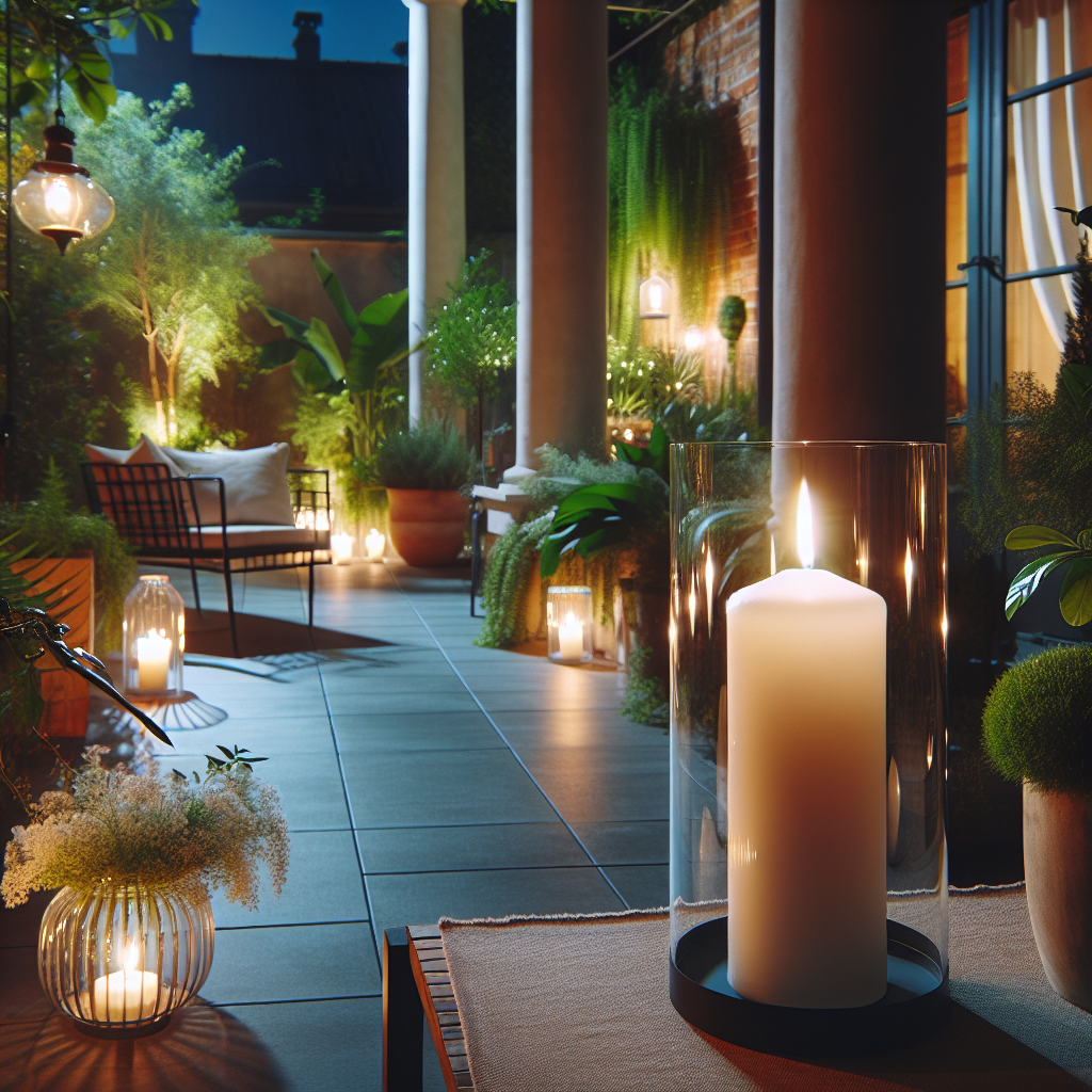 Witte langbrandende kaars in glazen windlicht op tuinterras met planten en zachte avondverlichting