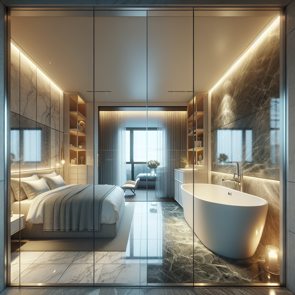 Luxe ensuite badkamer met vrijstaand bad en marmeren tegels, verbonden met slaapkamer via glazen deur