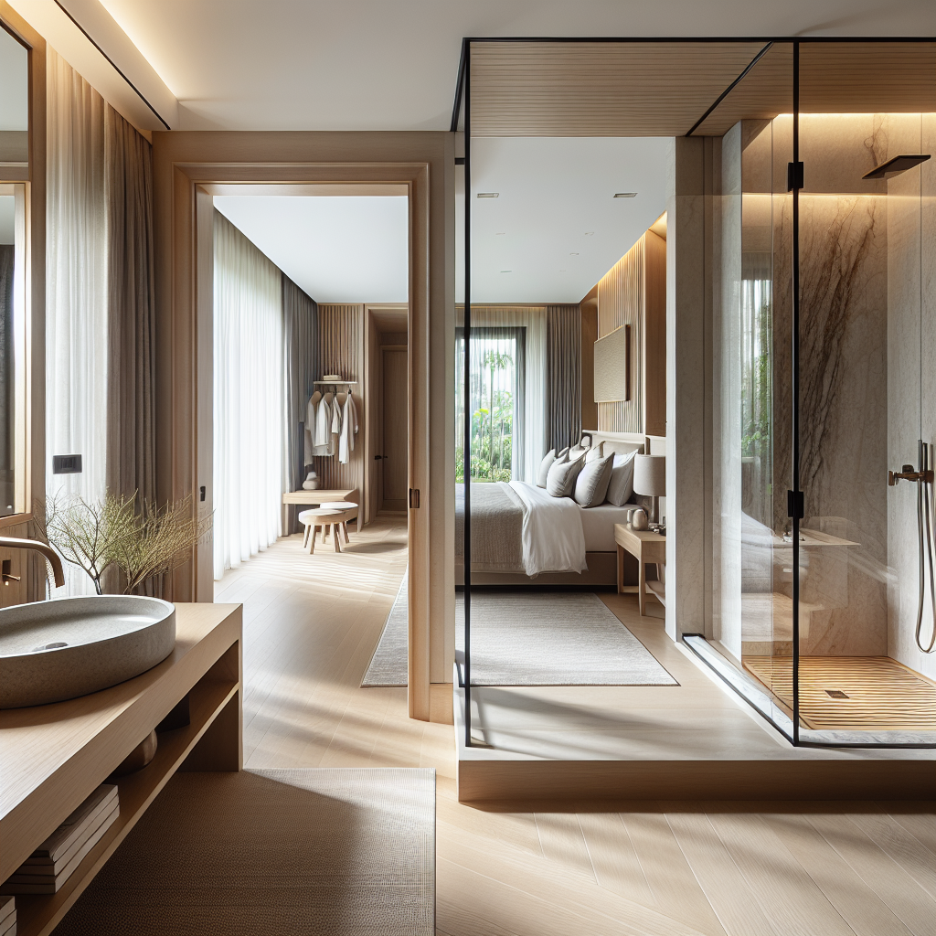 Elegante hoofdslaapkamer met open ensuite badkamer in neutrale tinten met wastafel en inloopdouche