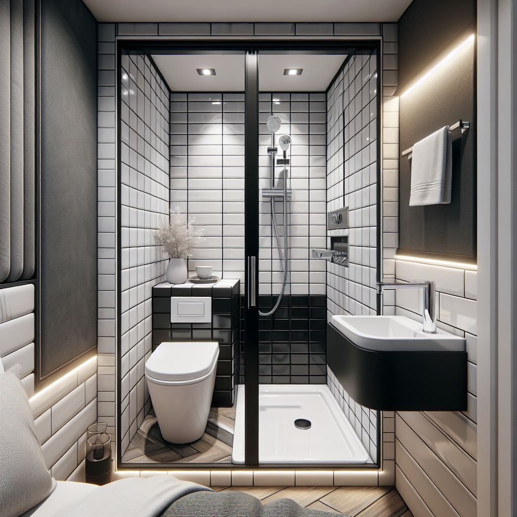 Compacte ensuite badkamer met toilet, douche en wastafel in moderne zwart-witte tegels met chromen kranen